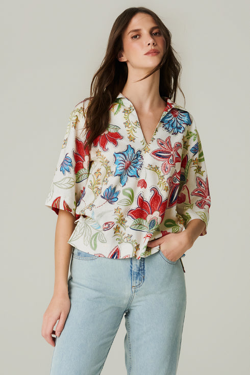 POLO LINHO ESTAMPADA FLORAL